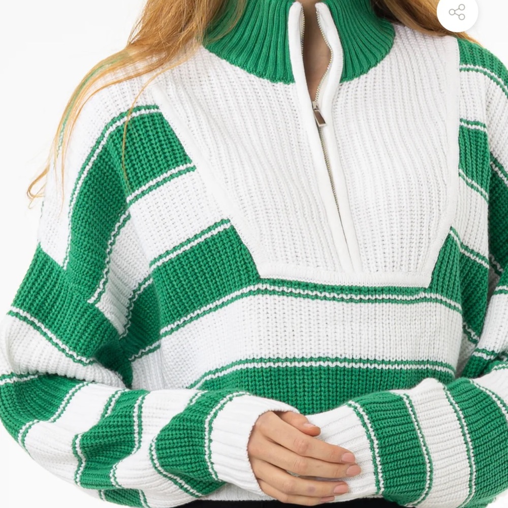 Green and White Striped Turtleneck Sweater